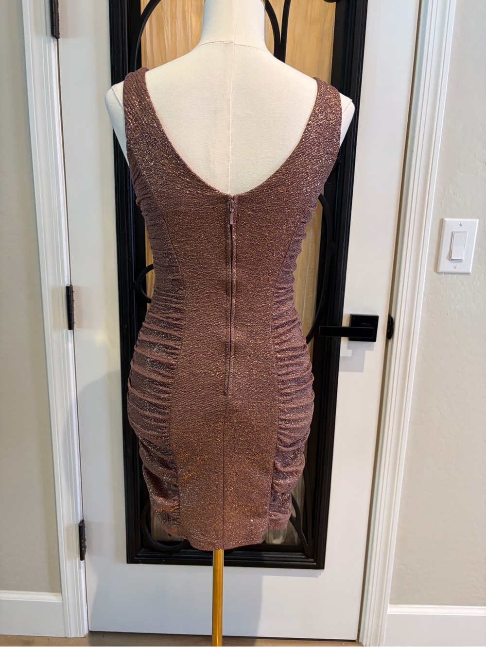 Adrianna Papell Metallic Rose Gold Ruched Mini Dress - Picture 5 of 7
